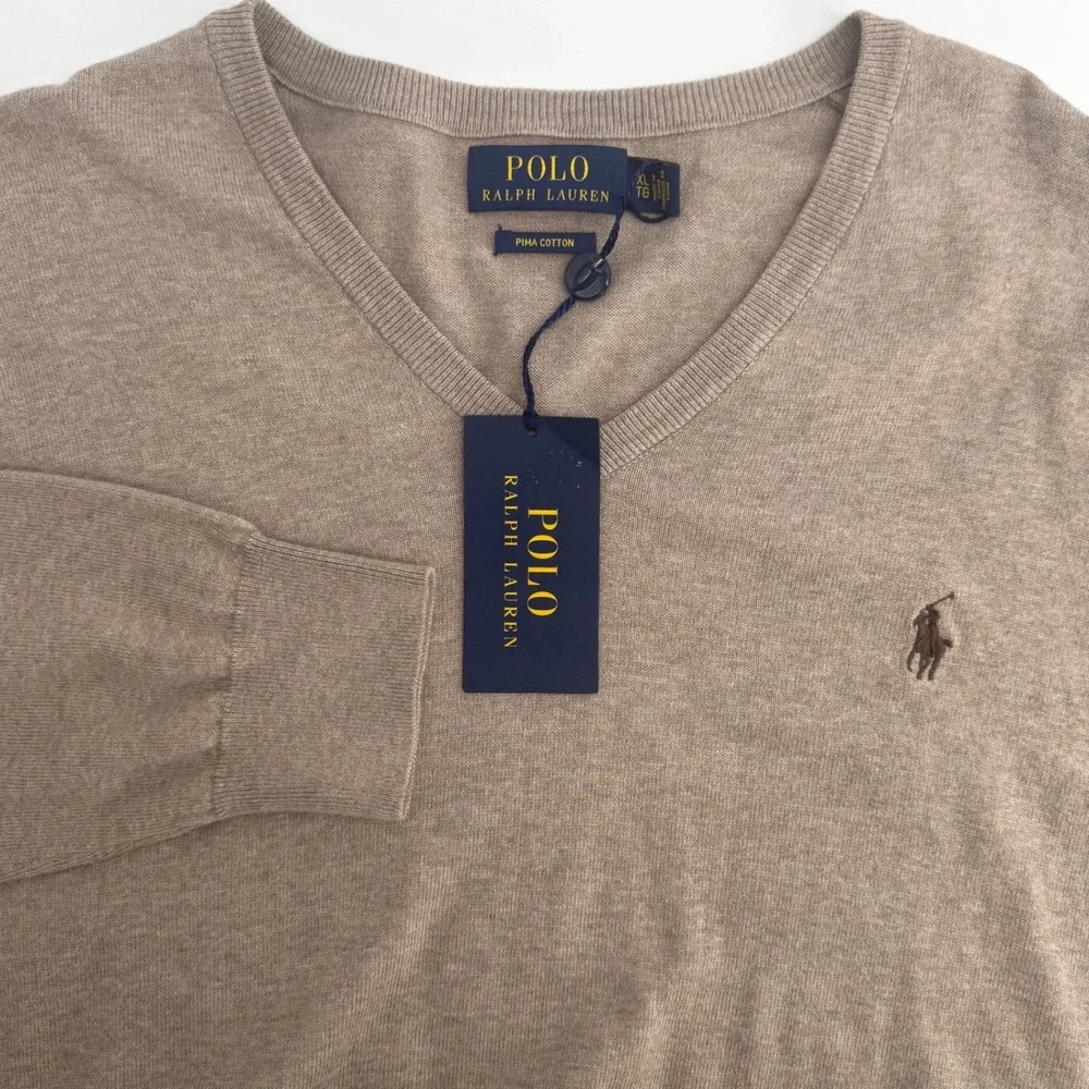 Polo Ralph Lauren Mens XL Pima Cotton V-Neck Sweater Tan Heather NWT